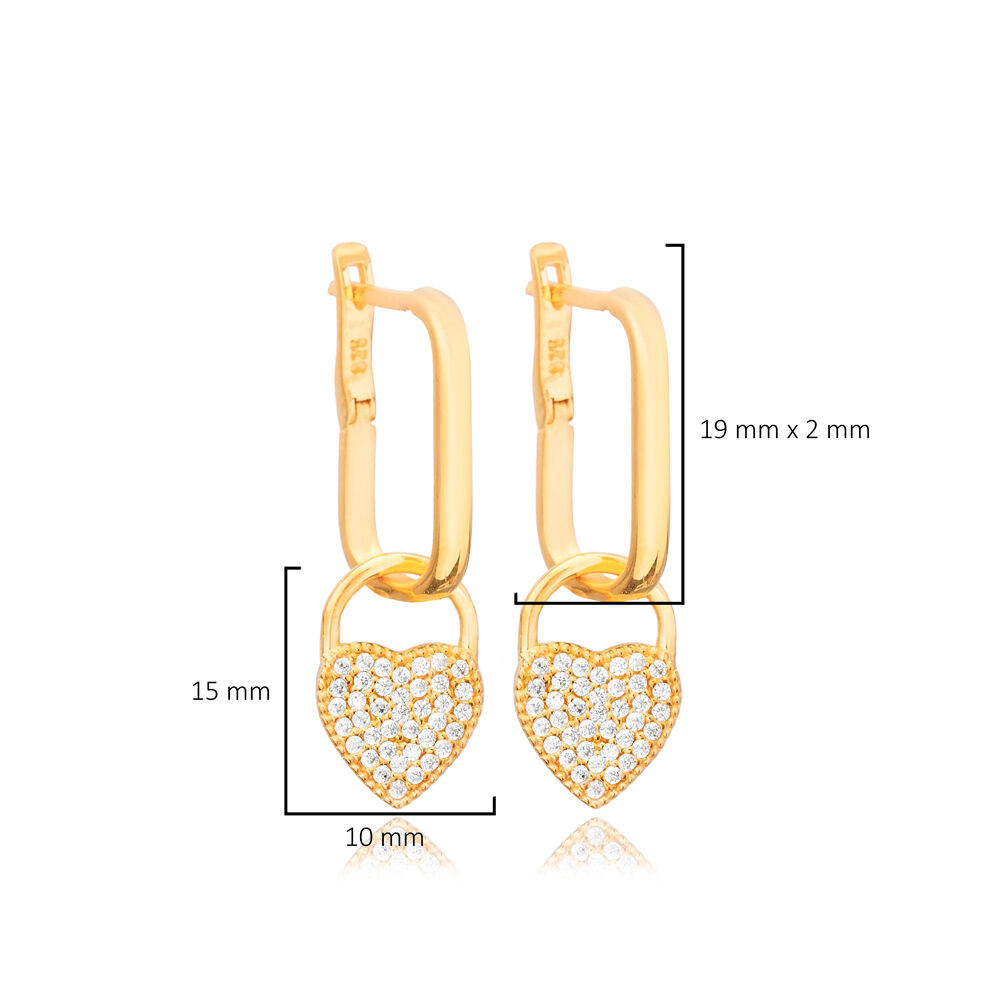 Minimal Design CZ Stone Heart Shaped Lock Dangle Earring 925 silver Jewelry Wholesale Turkish