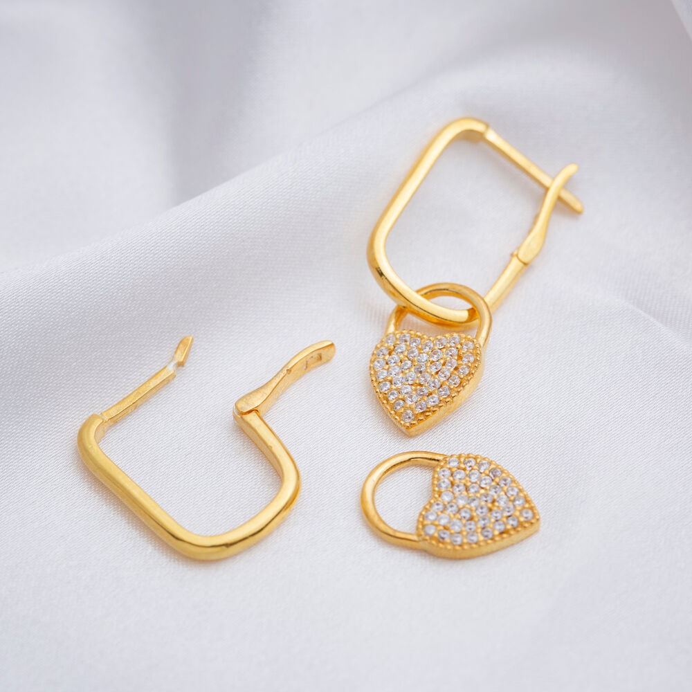 Minimal Design CZ Stone Heart Shaped Lock Dangle Earring 925 silver Jewelry Wholesale Turkish