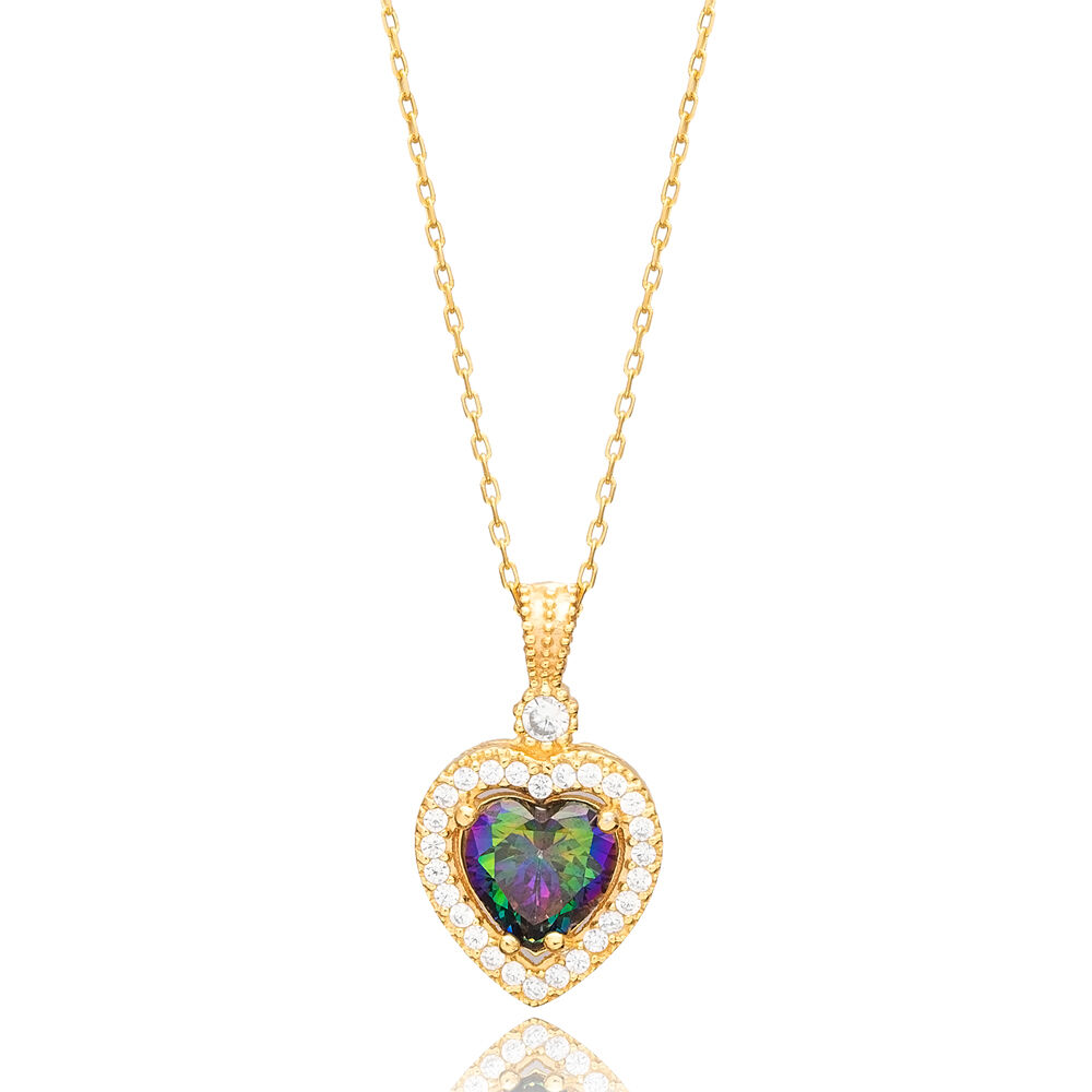 Heart Design Mystic Topaz CZ Stone Charm Necklace Wholesale Handcraft 925 Silver Jewelry