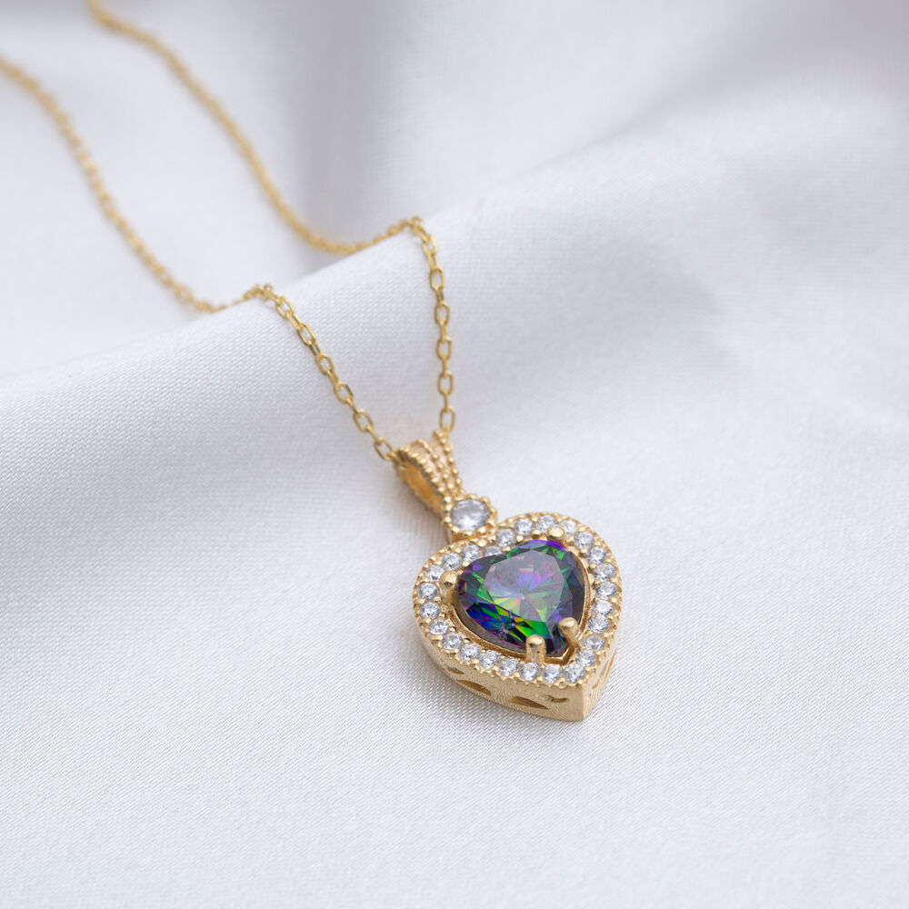 Heart Design Mystic Topaz CZ Stone Charm Necklace Wholesale Handcraft 925 Silver Jewelry