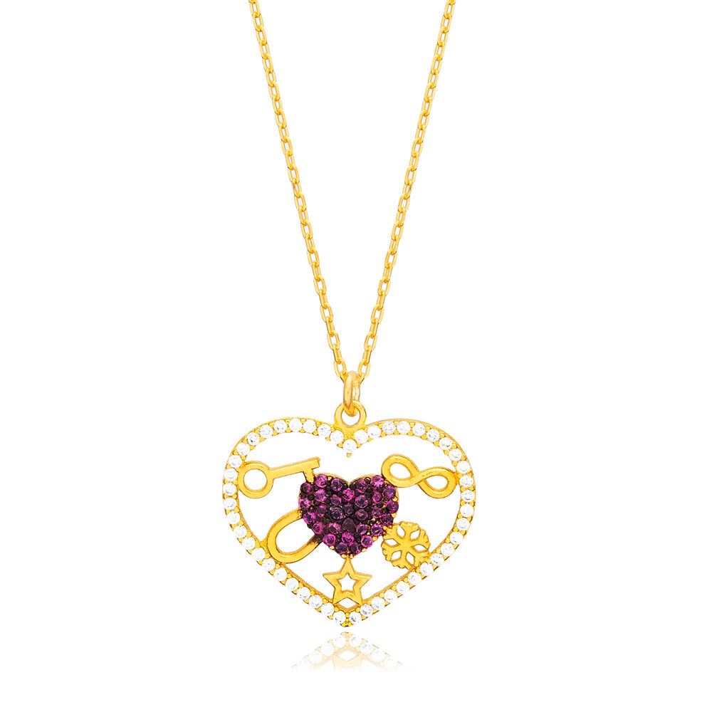 Mix Symbol Design Amethyst Heart Shaped Charm Necklace Women Jewelry 925 Silver Wholesale