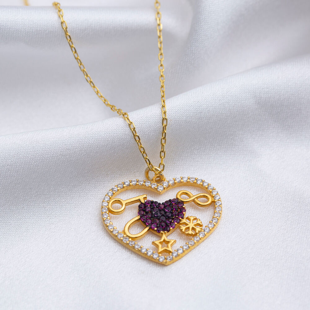 Mix Symbol Design Amethyst Heart Shaped Charm Necklace Women Jewelry 925 Silver Wholesale