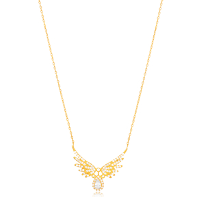 Drop Shape CZ Stone Angel Wing Design Charm Necklace 925 Silver Turkish Wholesale Jewelry