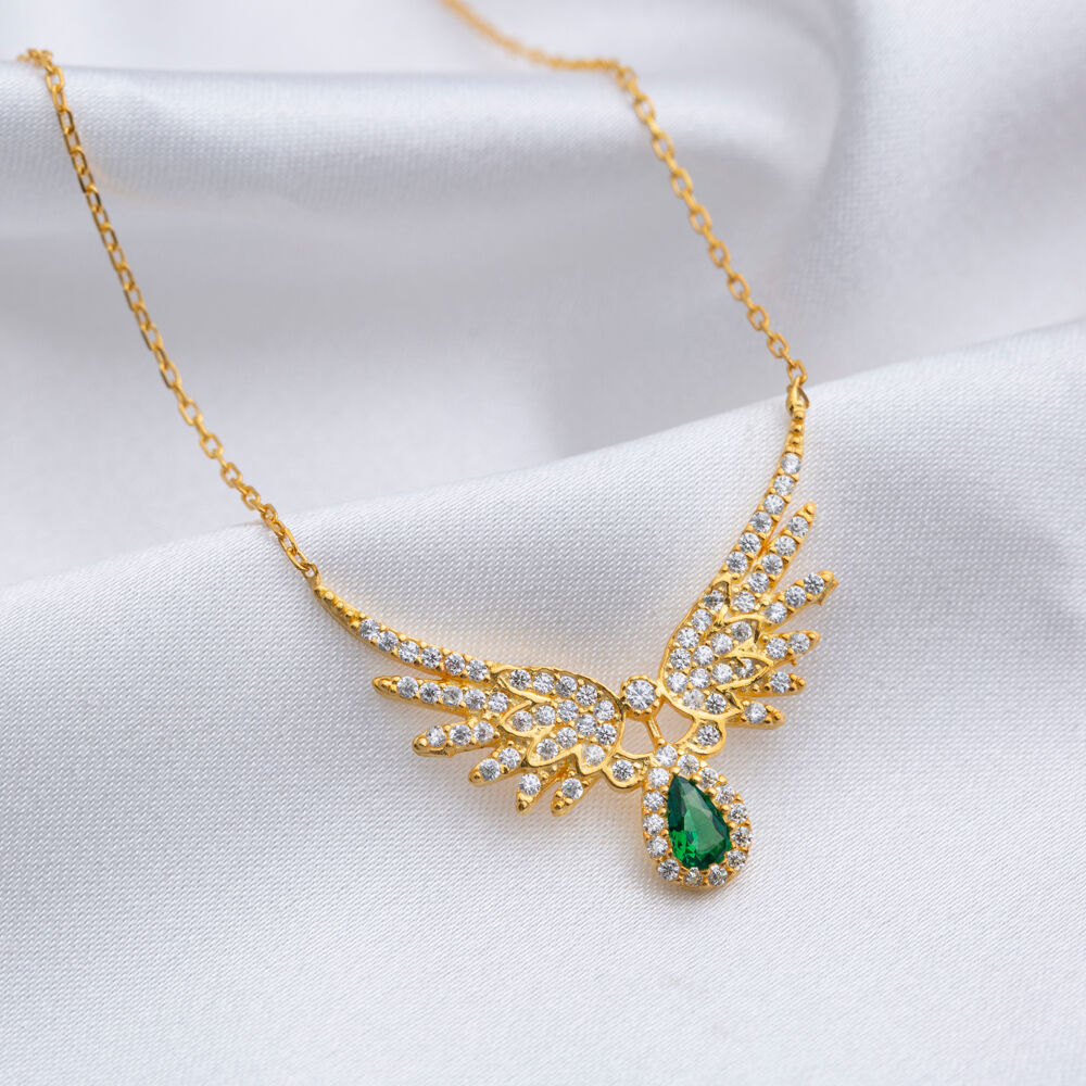 Elegant Emerald Drop Design CZ Stone Angel Wing Charm Necklace Wholesale Jewelry 925 Silver