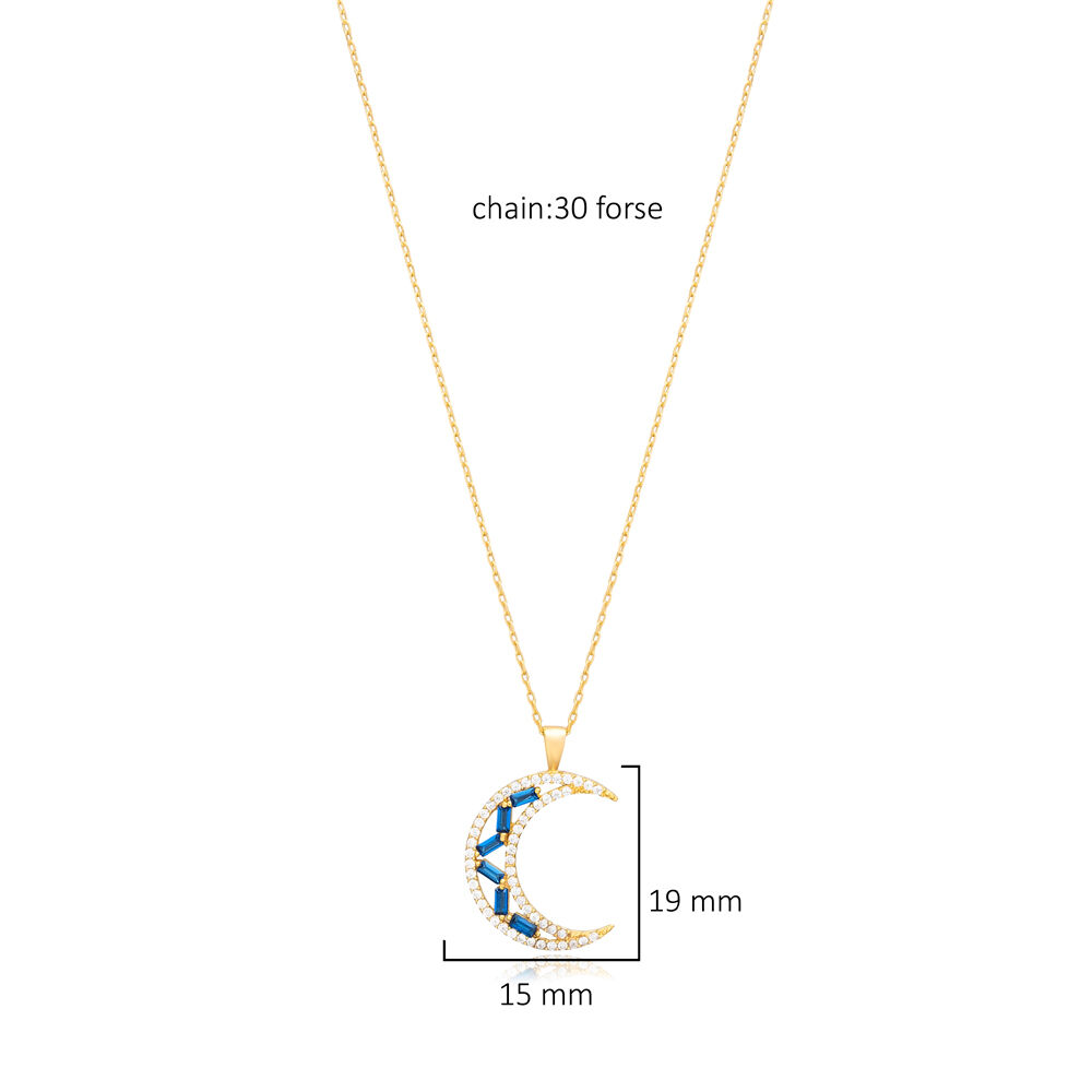 Crescent Moon Sapphire CZ Stone Charm Necklace 925 Silver Handcraft Jewelry Turkish Wholesale