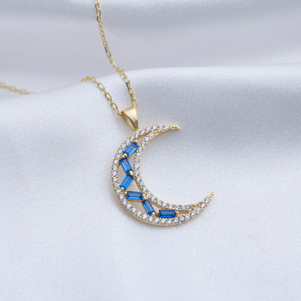 Crescent Moon Sapphire CZ Stone Charm Necklace 925 Silver Handcraft Jewelry Turkish Wholesale