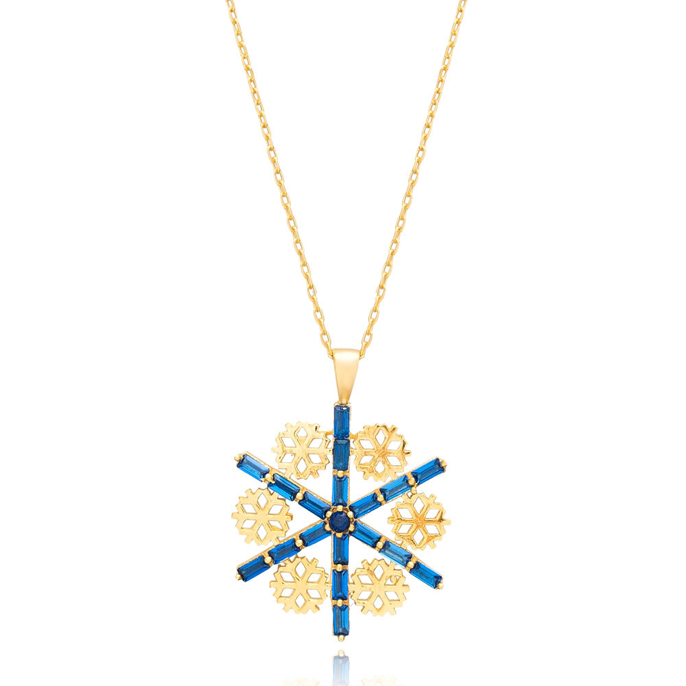 Dainty Snowflake Charm Necklace with Baguette Sapphire CZ Stone 925 Silver Jewelry Wholesale