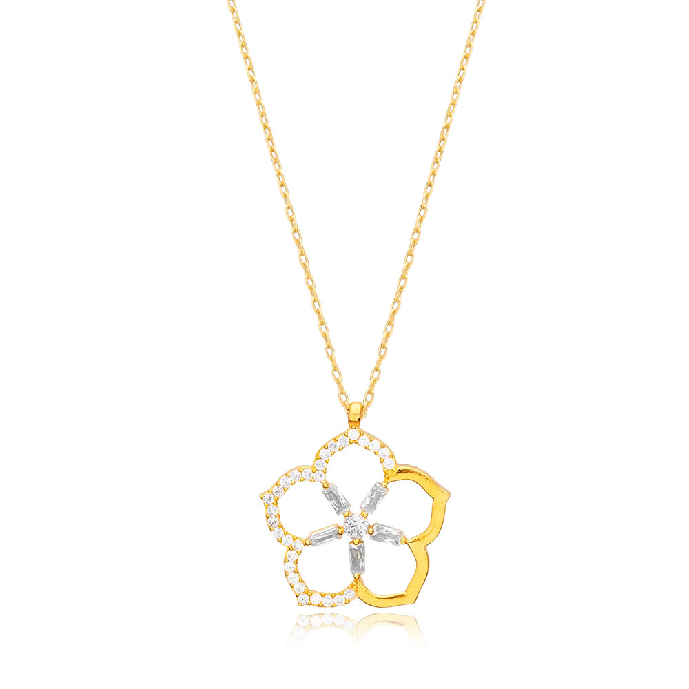 Chic Minimalist Design Flower Charm Necklace Baguette CZ Stone Wholesale 925 Silver Jewelry