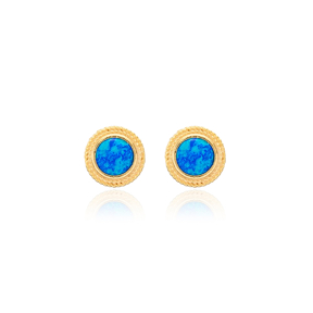 Minimalist Round Blue Opal Silver Stud Earrings