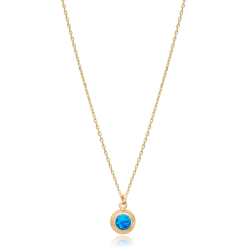 Blue Opal Round Tiny Charm Necklace Pendant