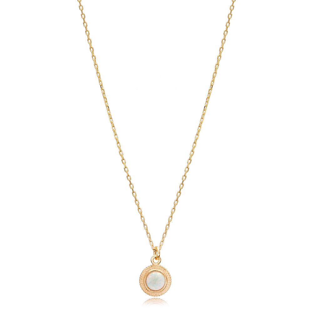 White Opal Round Tiny Charm Necklace Pendant