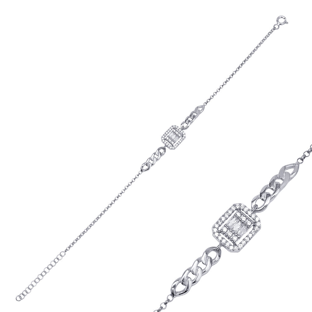 Baguette Cut CZ Stone Elegant Design Charm Bracelet Turkish Wholesale 925 Sterling Silver Jewelry