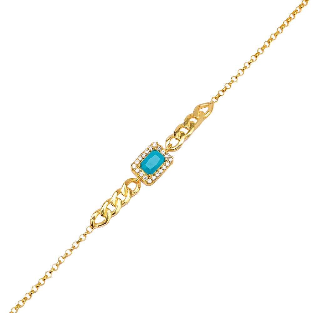 Turquoise Stone Baguette Cut Stone Elegant Design Charm Bracelet Turkish Wholesale 925 Sterling Silver Jewelry