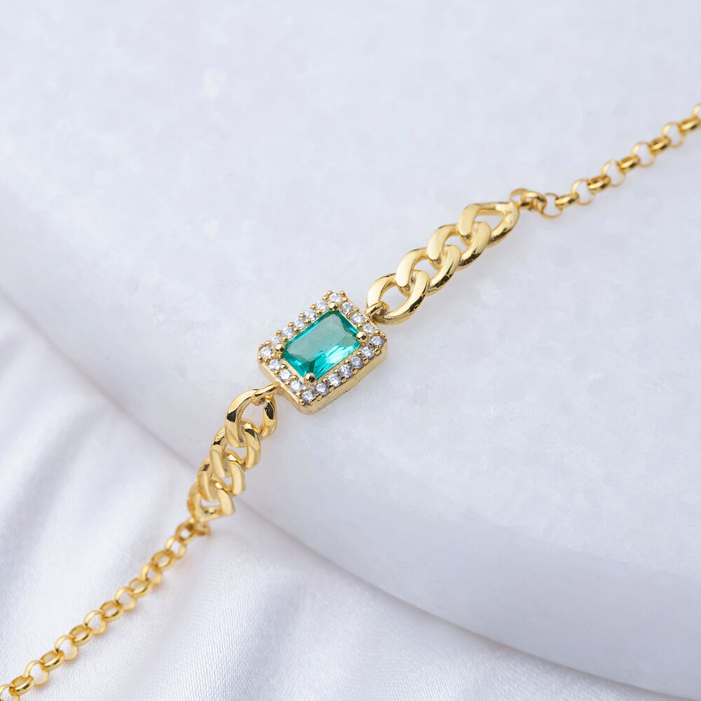 Emerald CZ Stone Baguette Cut Stone Elegant Design Charm Bracelet Turkish Wholesale 925 Sterling Silver Jewelry