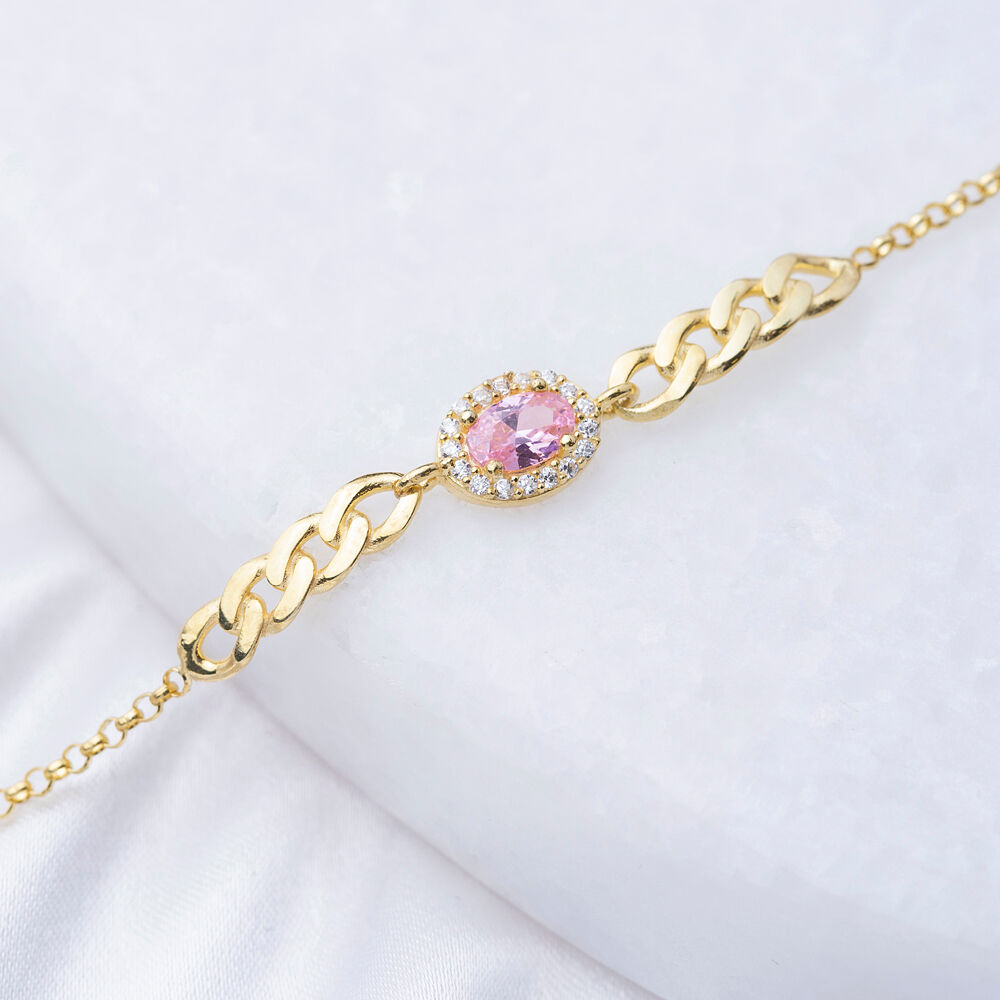 Pink CZ Stone Oval Shape Design Charm Bracelet Turkish Handmade Wholesale 925 Sterling Silver Jewelry