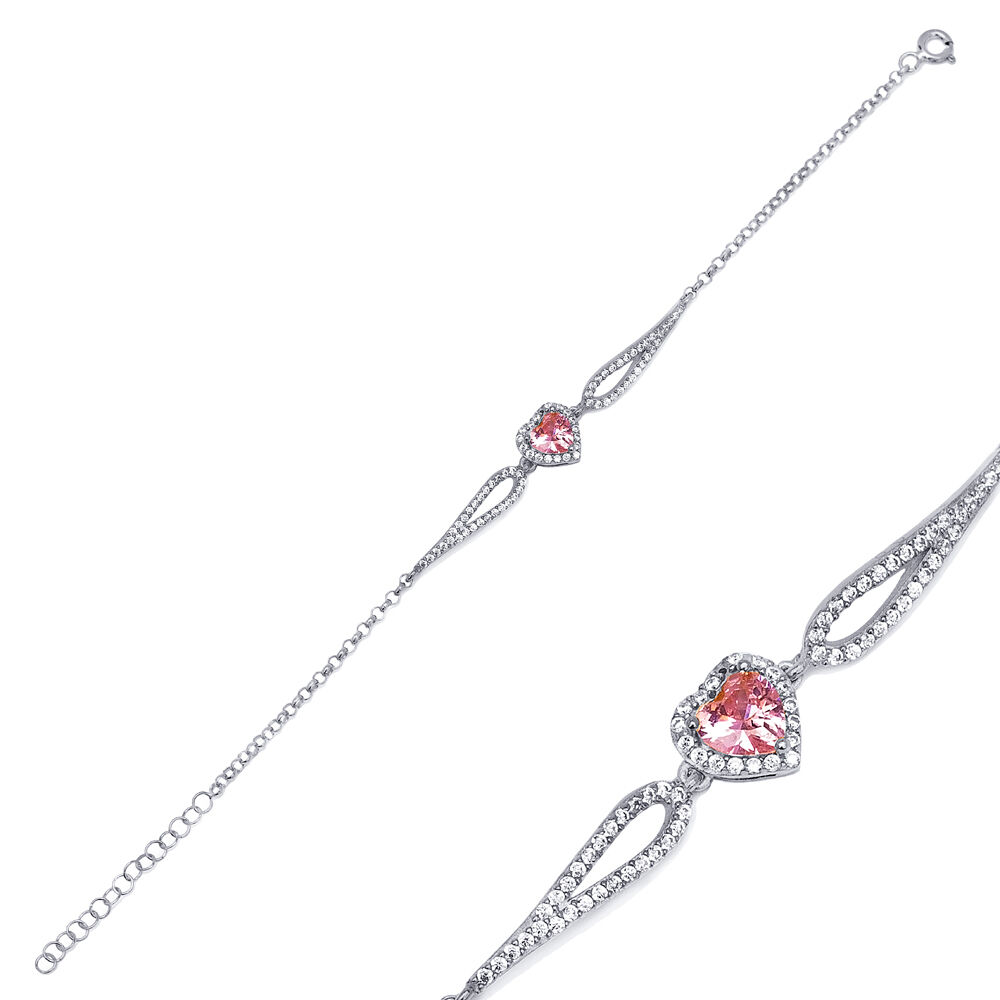 Pink Quartz CZ Stone Heart Shape Charm Unique Design Bracelet Wholesale 925 Sterling Silver