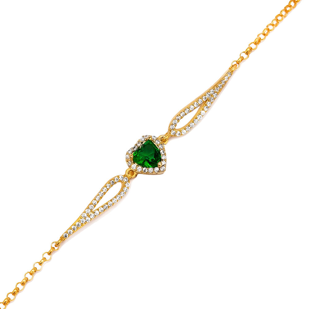 Turkish Handmade Heart Shape Charm Emerald CZ Stone Bracelet Wholesale 925 Sterling Silver