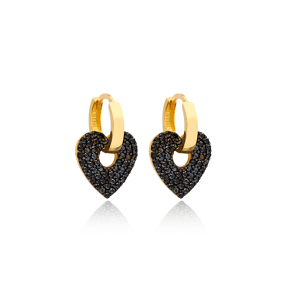 Black CZ Stone Dainty Heart Design Dangle Hoop Earrings 925 Sterling Silver Jewelry