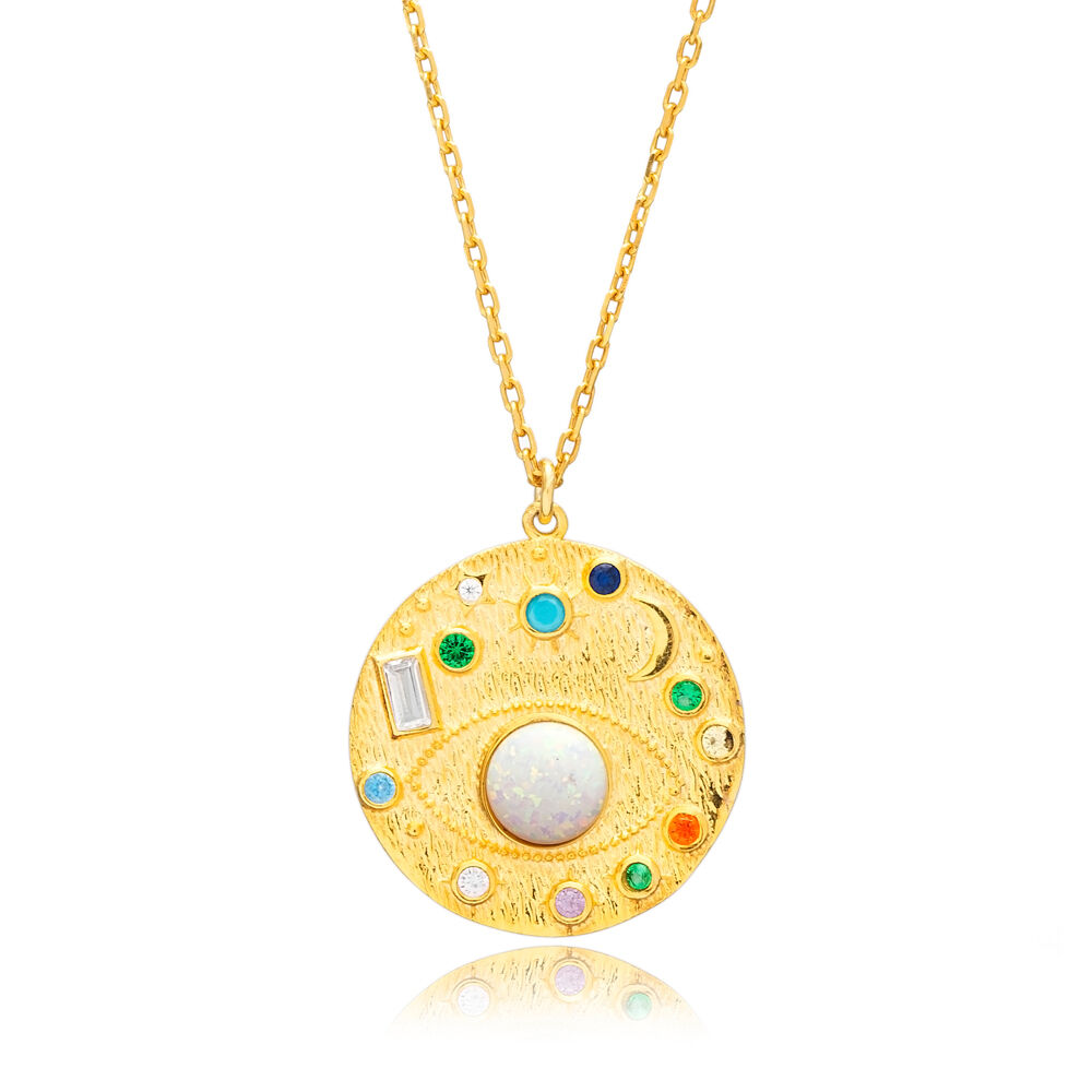 Galaxy Stars Colorful Stone Medallion Charm Necklace Handcrafted 925 Sterling Silver Jewelry Turkish Wholesale Pendant