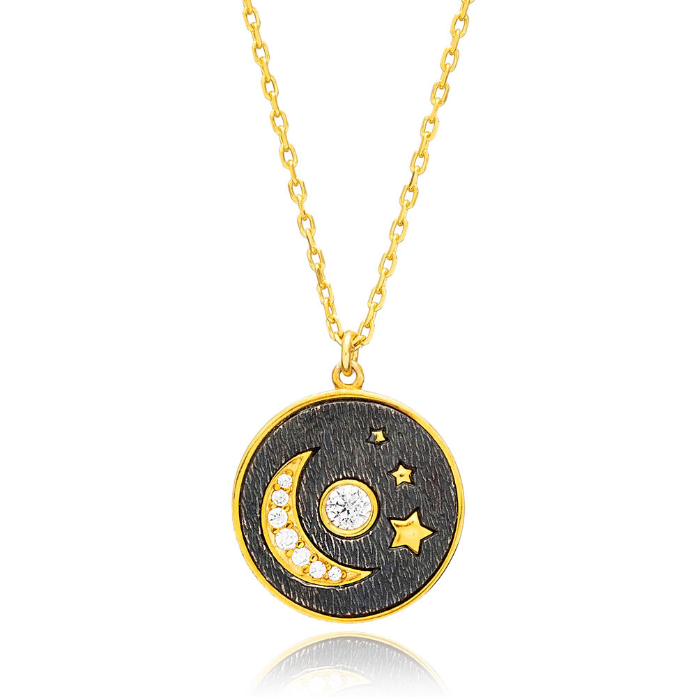 Moon and Star Design Oxidized CZ Silver Jewelry Pendant