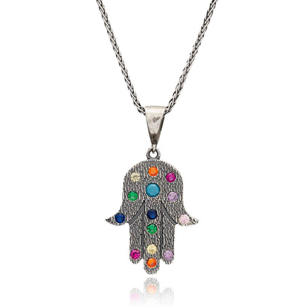 Mix Cz Stone Hamsa Design Charm Pendant Oxidized Turkish Handcrafted Jewelry Wholesale 925 Sterling Silver Necklace