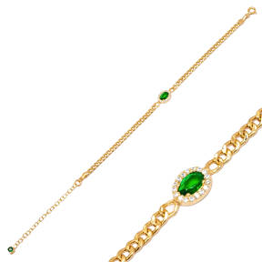 Oval Design Elegann Emerald CZ Stone Handcrafted Silver Jewelry Charm Bracelet