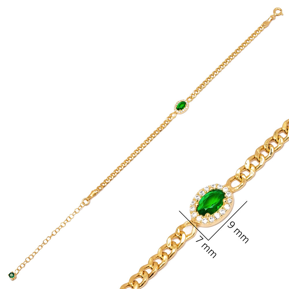 Oval Design Elegann Emerald CZ Stone Handcrafted Silver Jewelry Charm Bracelet