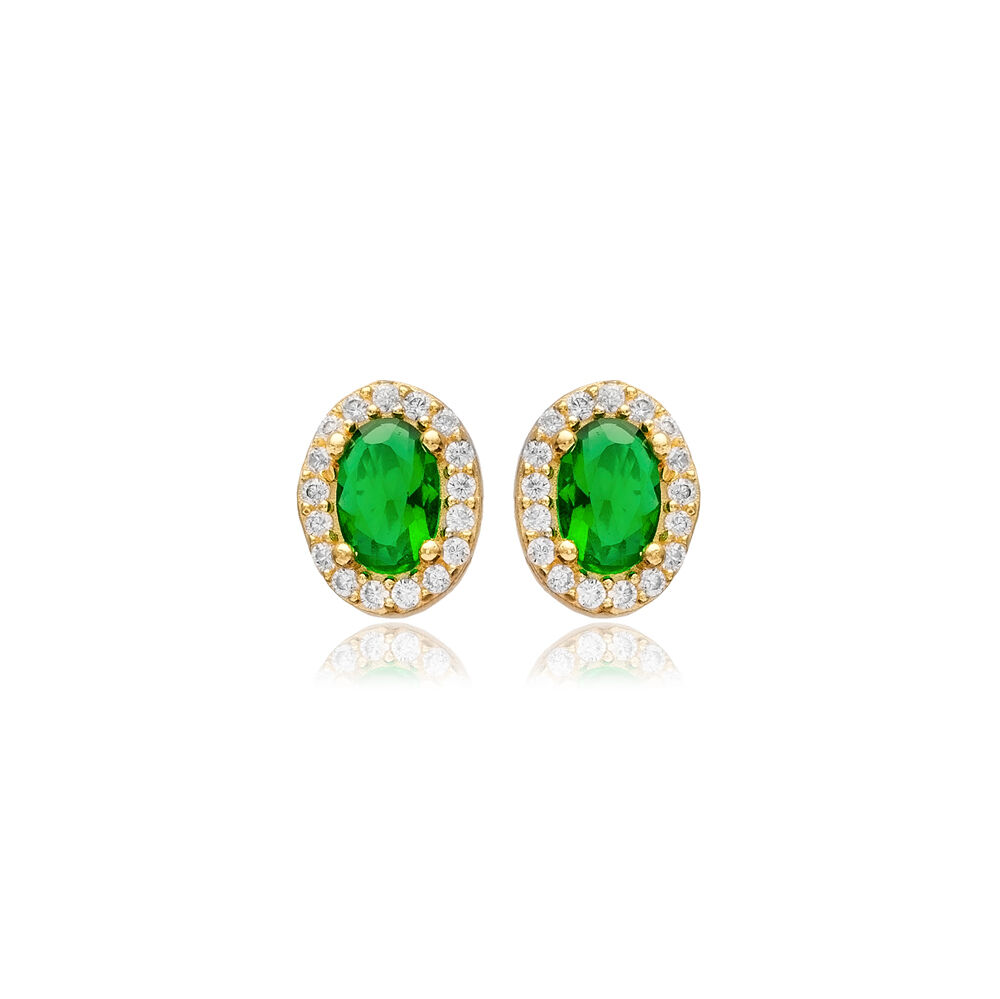 Oval Design Emerald CZ Stone 925 Sterling Silver Jewelry Minimalist Stud Earrings