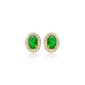 Oval Emerald CZ Stone Silver Jewelry Stud Earrings