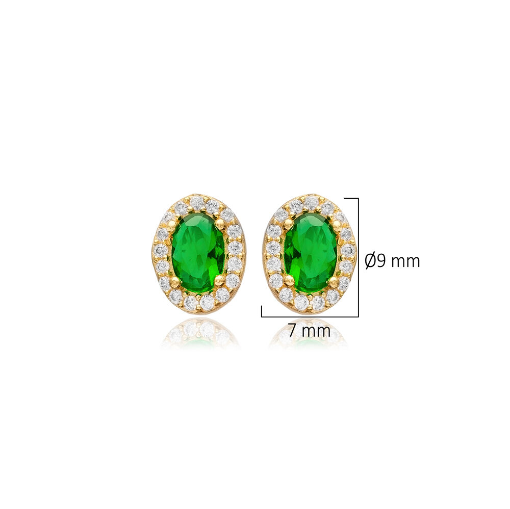 Oval Design Emerald CZ Stone 925 Sterling Silver Jewelry Minimalist Stud Earrings
