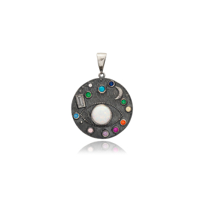 Galaxy Stars Colorful Stone Medallion Oxidized Charm Handcrafted Wholesale 925 Silver Jewelry