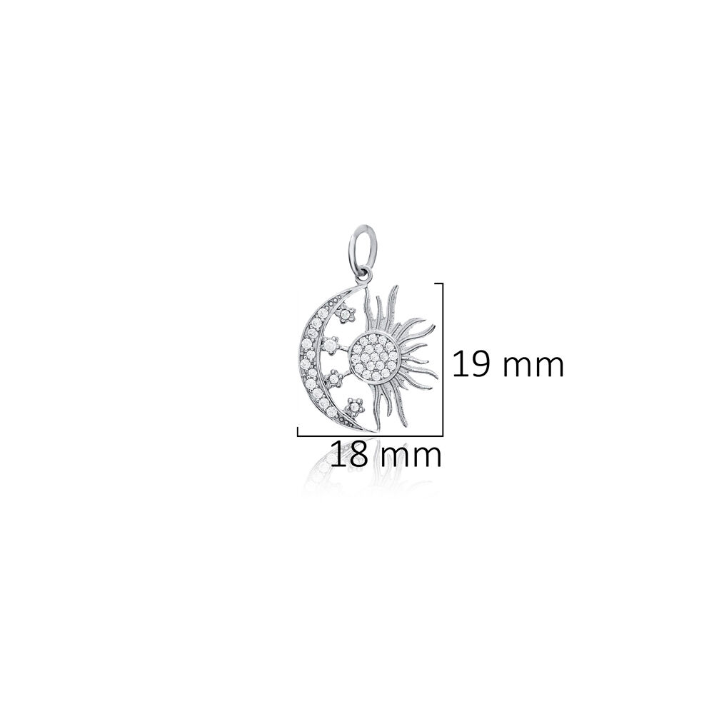 Crescent Moon and Sun Design CZ Stone Charm Turkish Handmade Wholesale 925 Sterling Silver Jewelry
