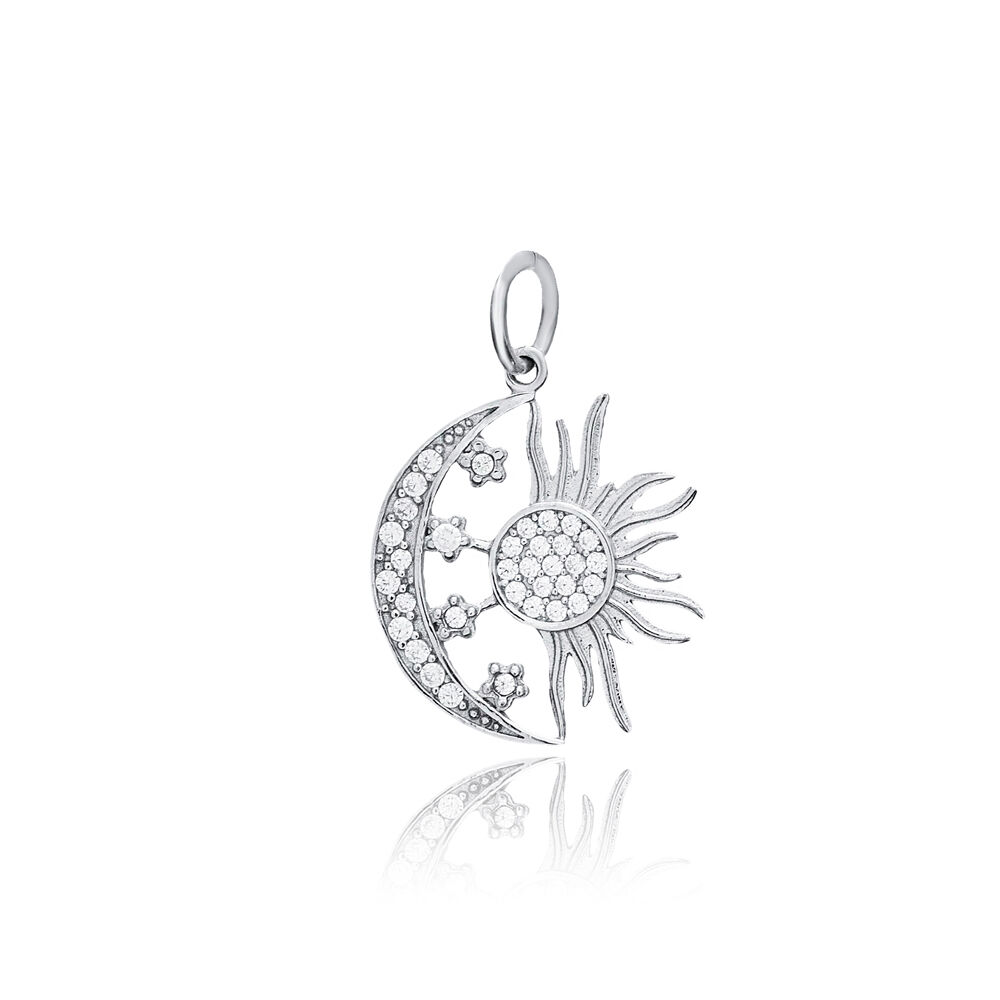 Crescent Moon and Sun Design CZ Stone Charm Turkish Handmade Wholesale 925 Sterling Silver Jewelry