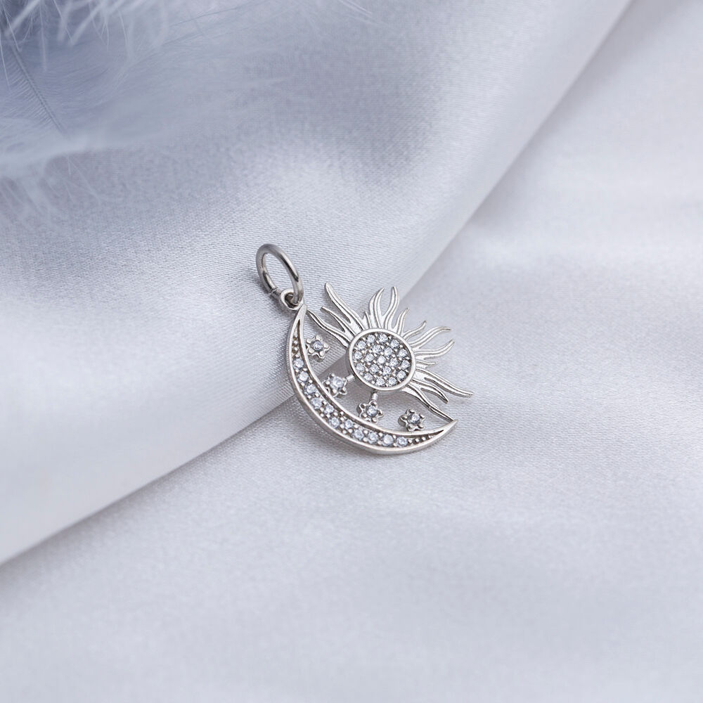 Crescent Moon and Sun CZ Stone Jewelry Silver Charm