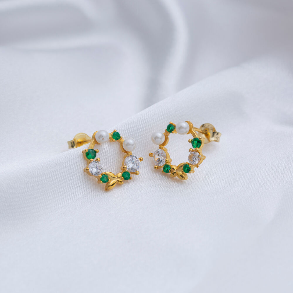 Emerald CZ Pearl Cute Butterfly Stud Earrings Silver Jewelry