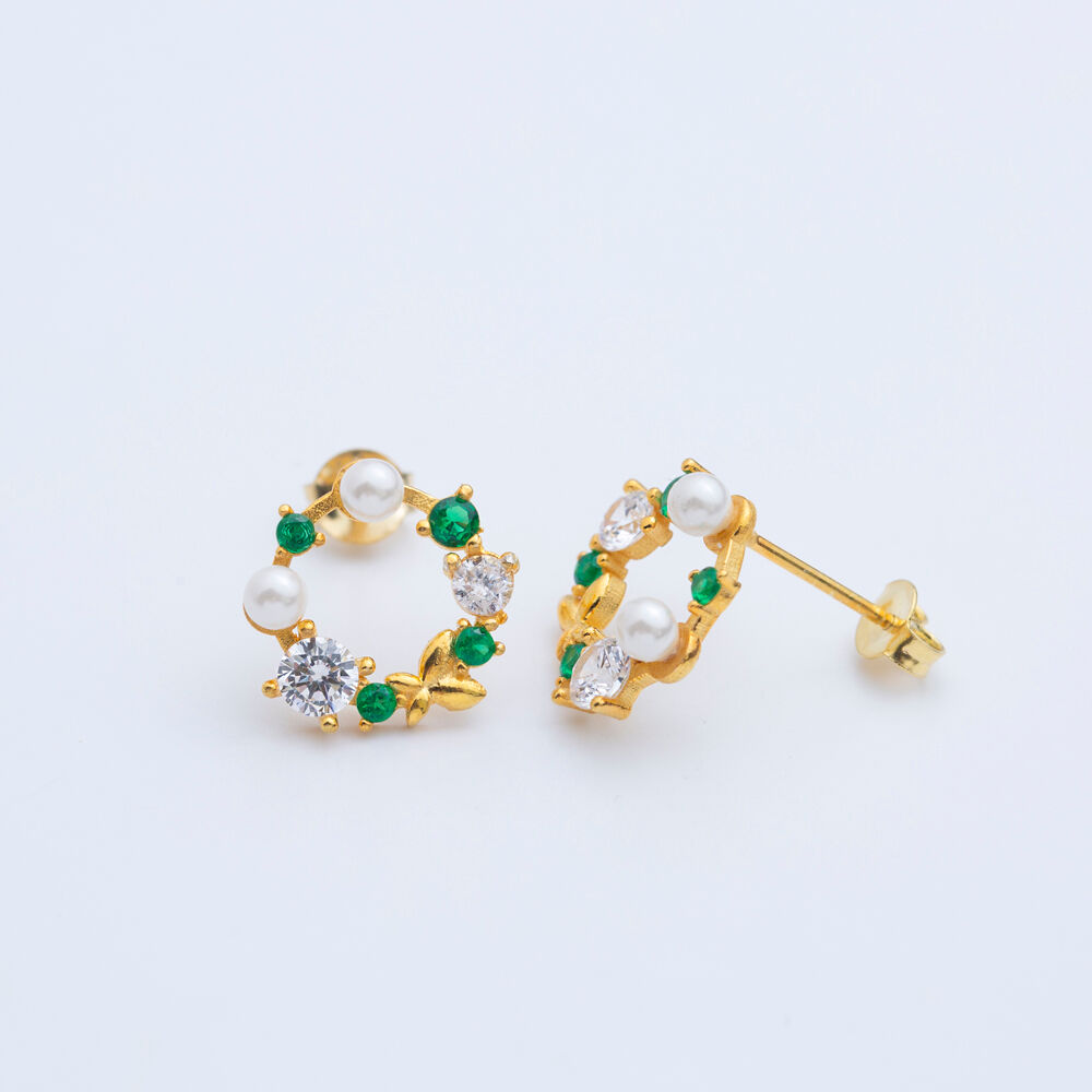Emerald CZ Pearl Cute Butterfly Stud Earrings Silver Jewelry