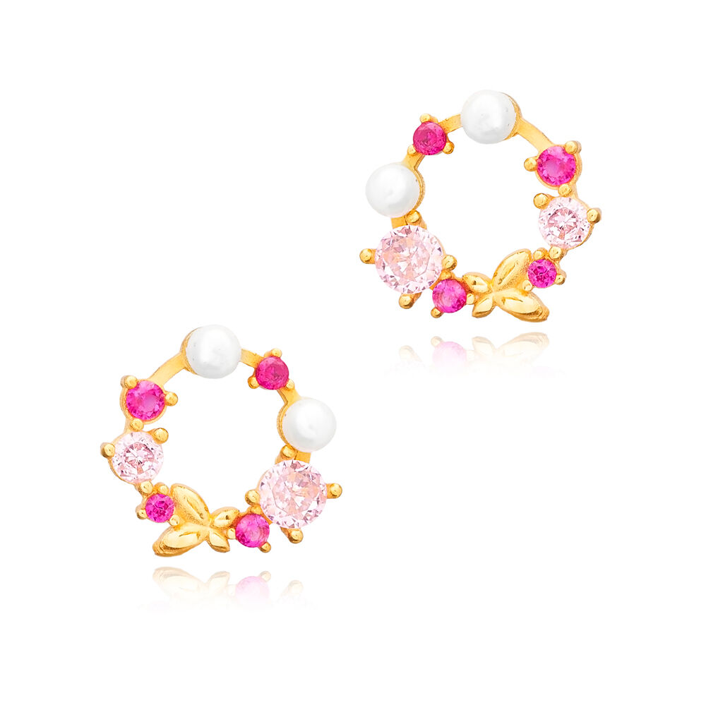 Ruby Pearl Pink CZ Minimalist Butterfly Silver Stud Earrings