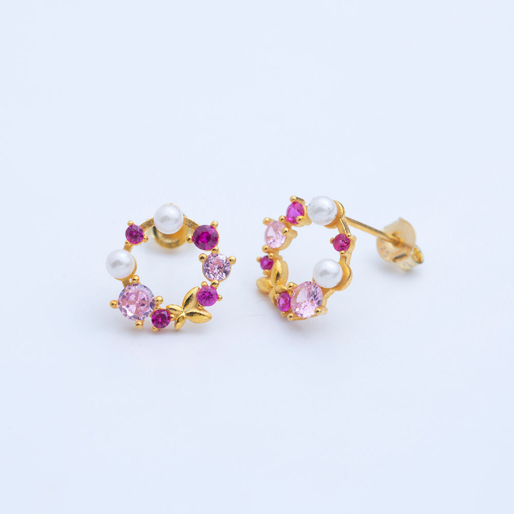 Ruby Pearl Pink CZ Minimalist Butterfly Silver Stud Earrings