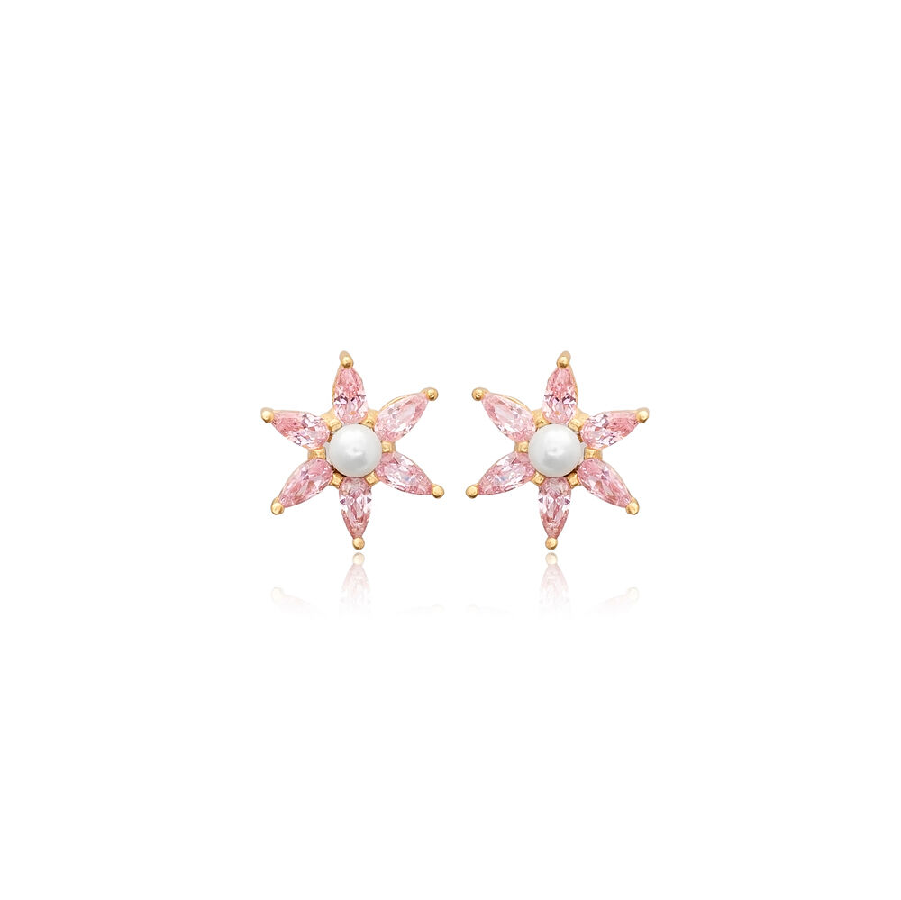 Star Pearl and Pink Jewelry CZ Silver Stud Earrings