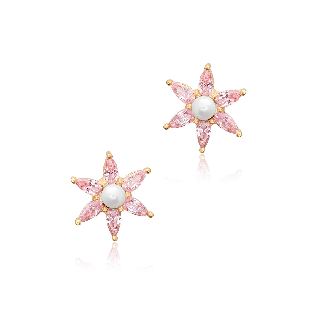 Star Pearl and Pink Jewelry CZ Silver Stud Earrings