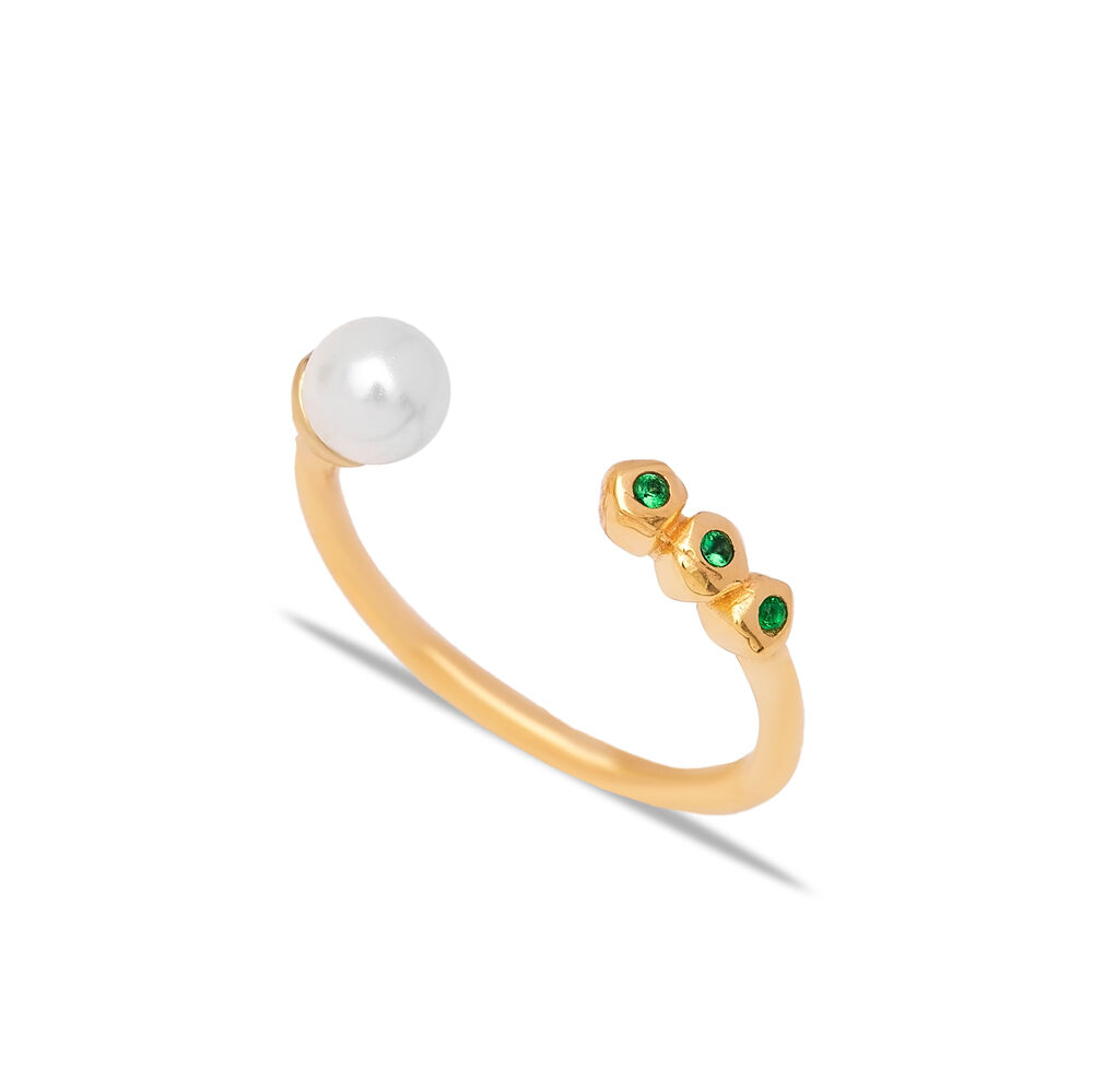Pearl and Round Shape Emerald Zircon Stone Adjustable 925 Sterling Silver Ring Wholesale Turkish Handmade