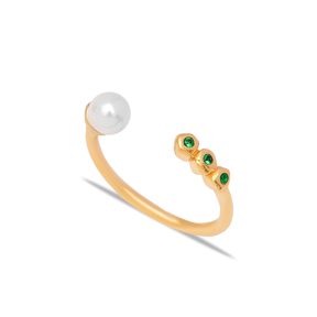 Pearl and Round Emerald Adjustable 925 Sterling Silver Ring