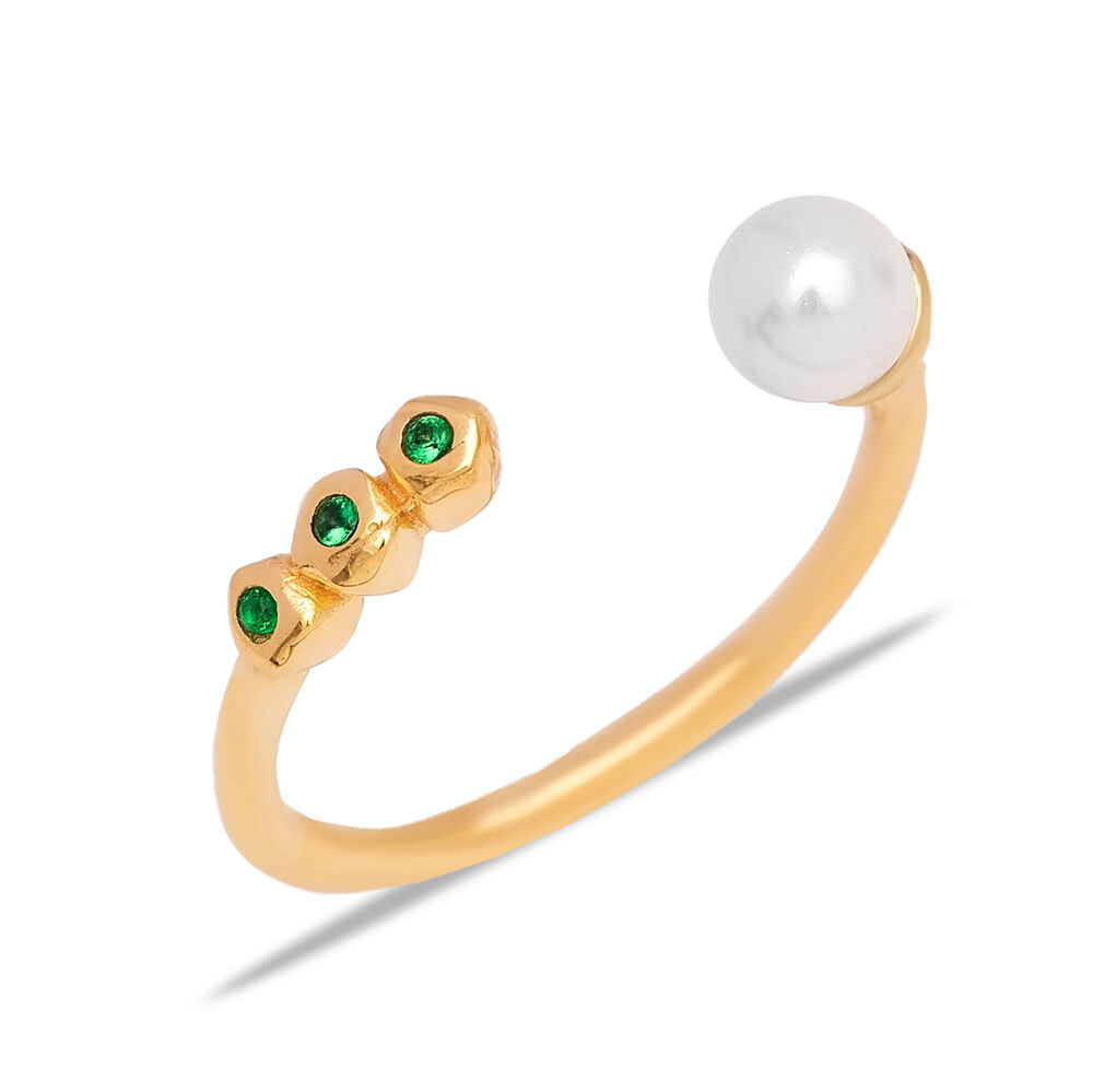 Pearl and Round Shape Emerald Zircon Stone Adjustable 925 Sterling Silver Ring Wholesale Turkish Handmade