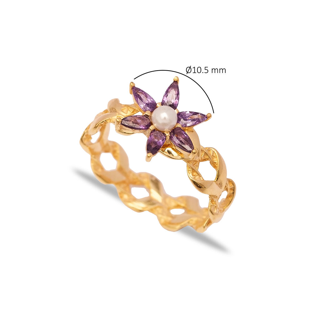 925 Sterling Silver Amethyst CZ Stone Flower Design Ring Wholesale Turkish Handcrafted Jewelry