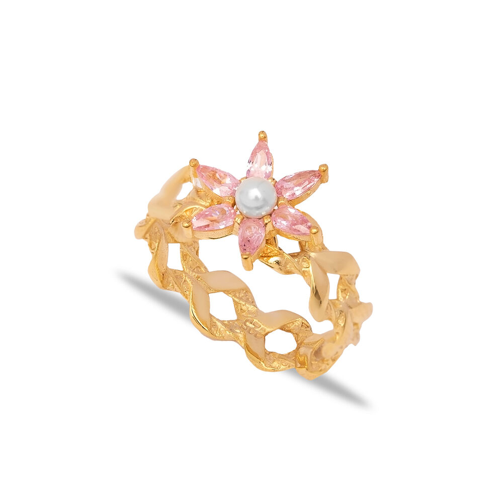 Pearl and Pink CZ Flower Design Wholesale Silver Cluster Ring