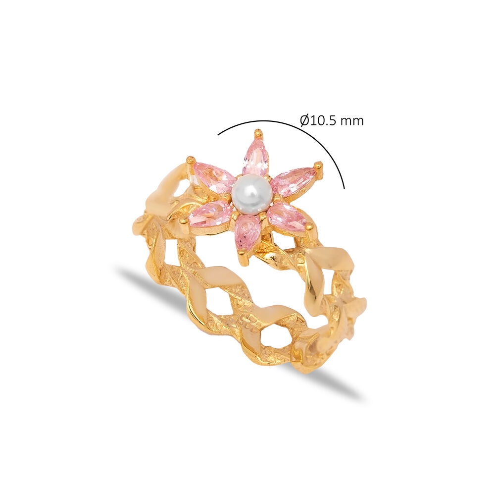 Pearl and Pink Quartz CZ Stone Flower Design Ring Wholesale Turkish Handcrafted 925 Sterling Silver Jewelry
