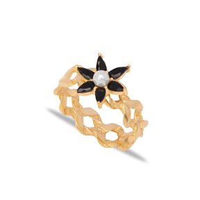 Pearl and Black CZ Flower Design Turkish Silver Cluster Ring