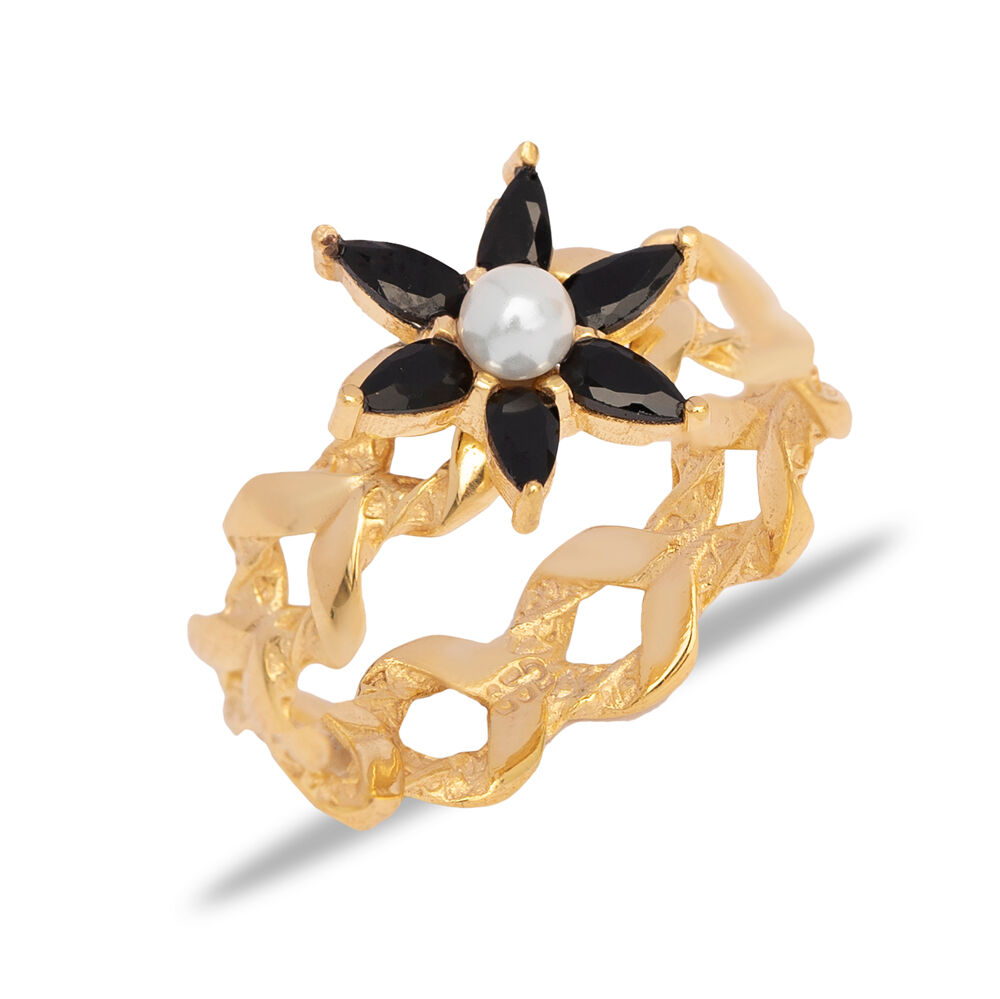 Pearl and Black CZ Flower Design Turkish Silver Cluster Ring