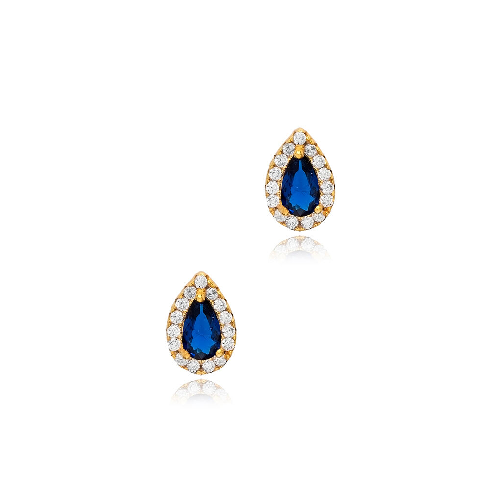Sapphire Zircon Stone Teardrop Shape Stud Earrings Turkish Handcrafted Wholesale 925 Sterling Silver Jewelry