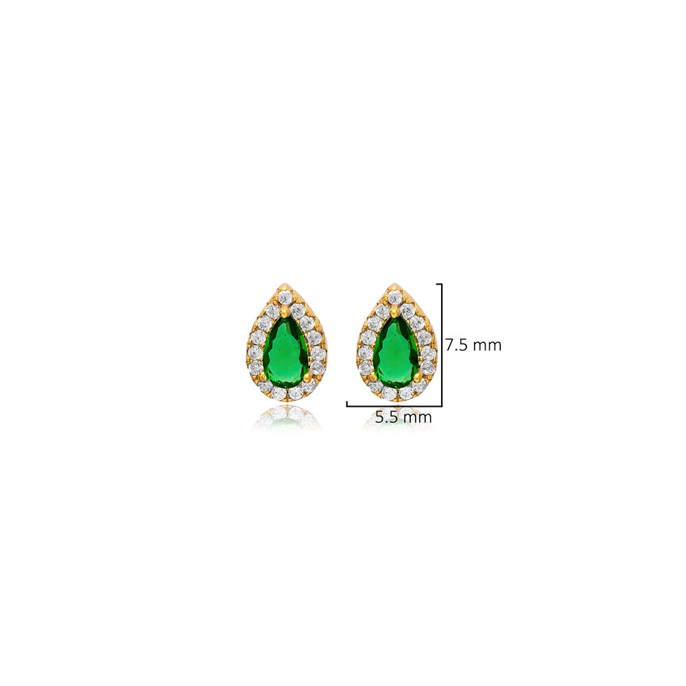Teardrop Shape Emerald Zircon Stone Stud Earrings Turkish Handcrafted Wholesale 925 Sterling Silver Jewelry